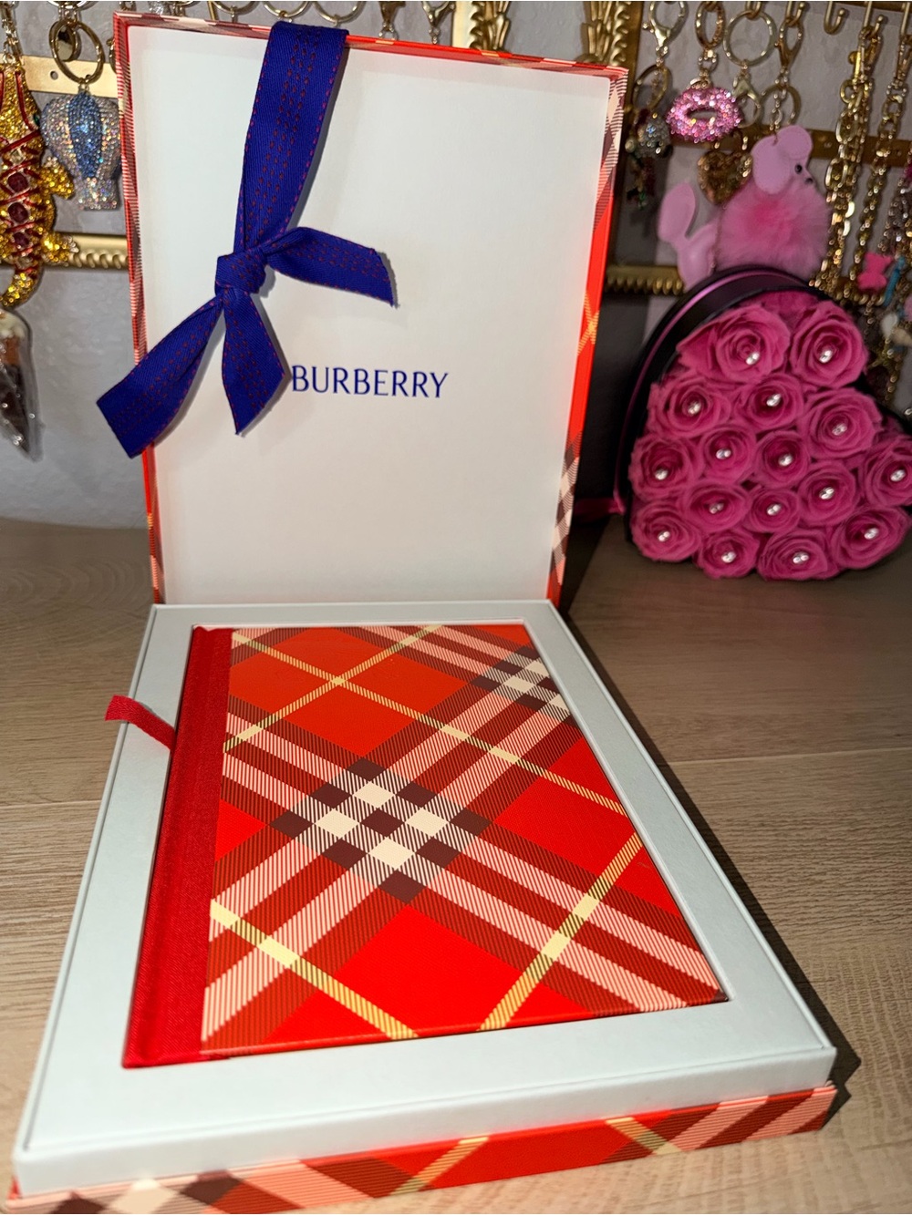 Burberry Red Plaid Notebook with Blue Ribbon Accent